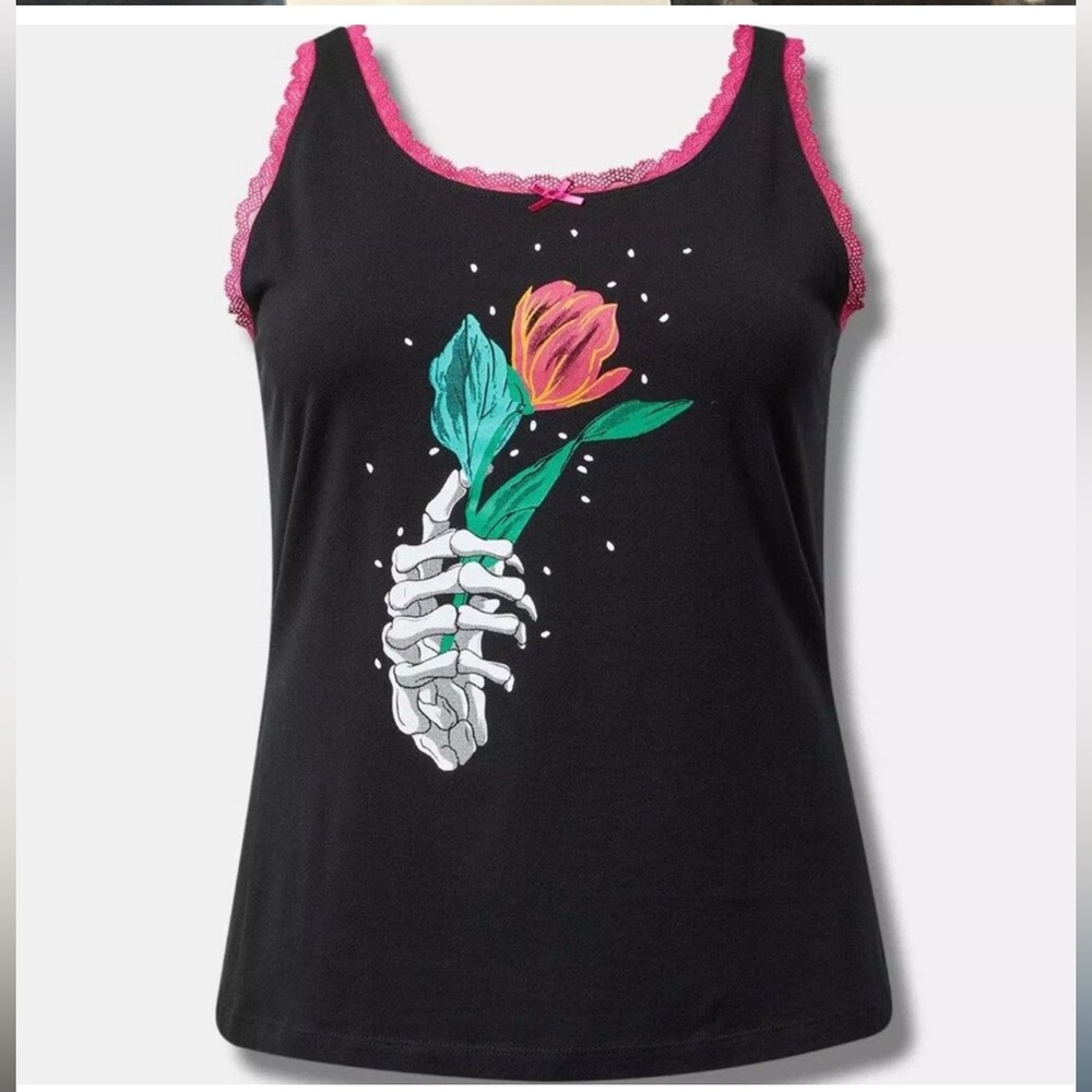 Torrid Black Camisole with Pink Trim and Floral Skeleton Design
